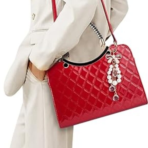 Neiman Marcus Shiny Faux Leather Red Diamond Pattern Top Handle Purse - Picture 1 of 4